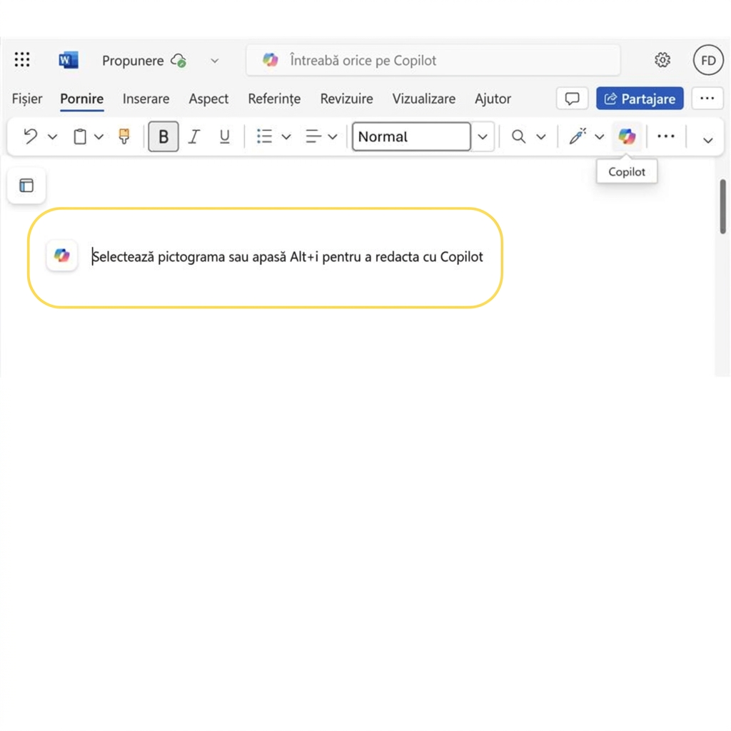 Captură de ecran a unui document gol în Word cu „apăsați ALT+I pentru a crea o ciornă cu Copilot" evidențiat