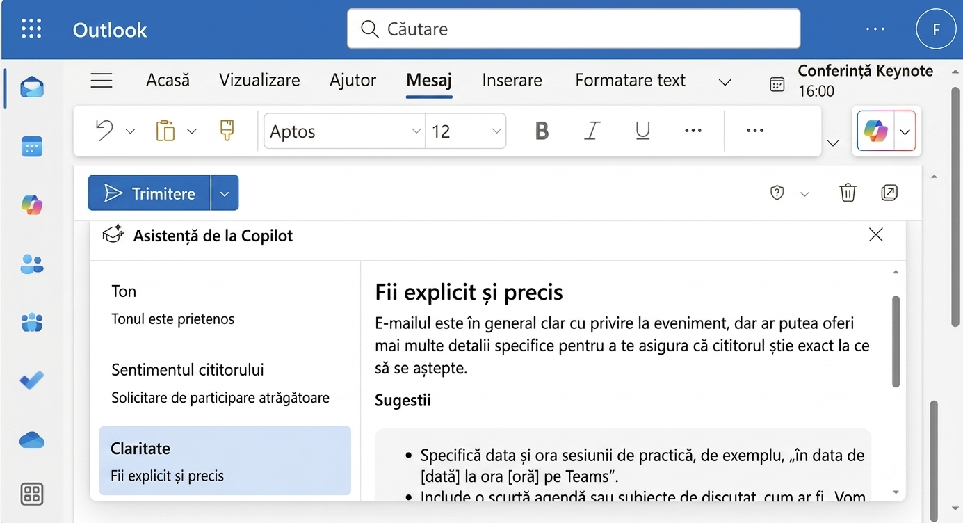 Răspuns de la Copilot cu sfaturi pentru îmbunătățirea clarității