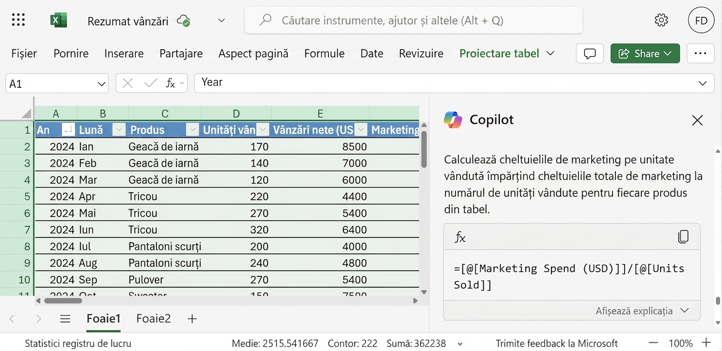 Un document Excel deschis cu date despre produse vestimentare și un chat Copilot lateral care afișează rezultatul formulei.