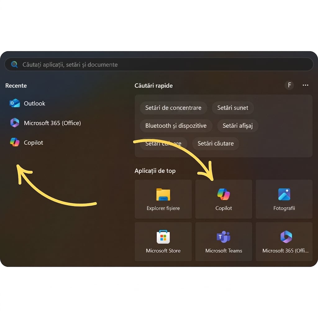 Bara de căutare Windows cu săgeți care indică pictogramele Copilot