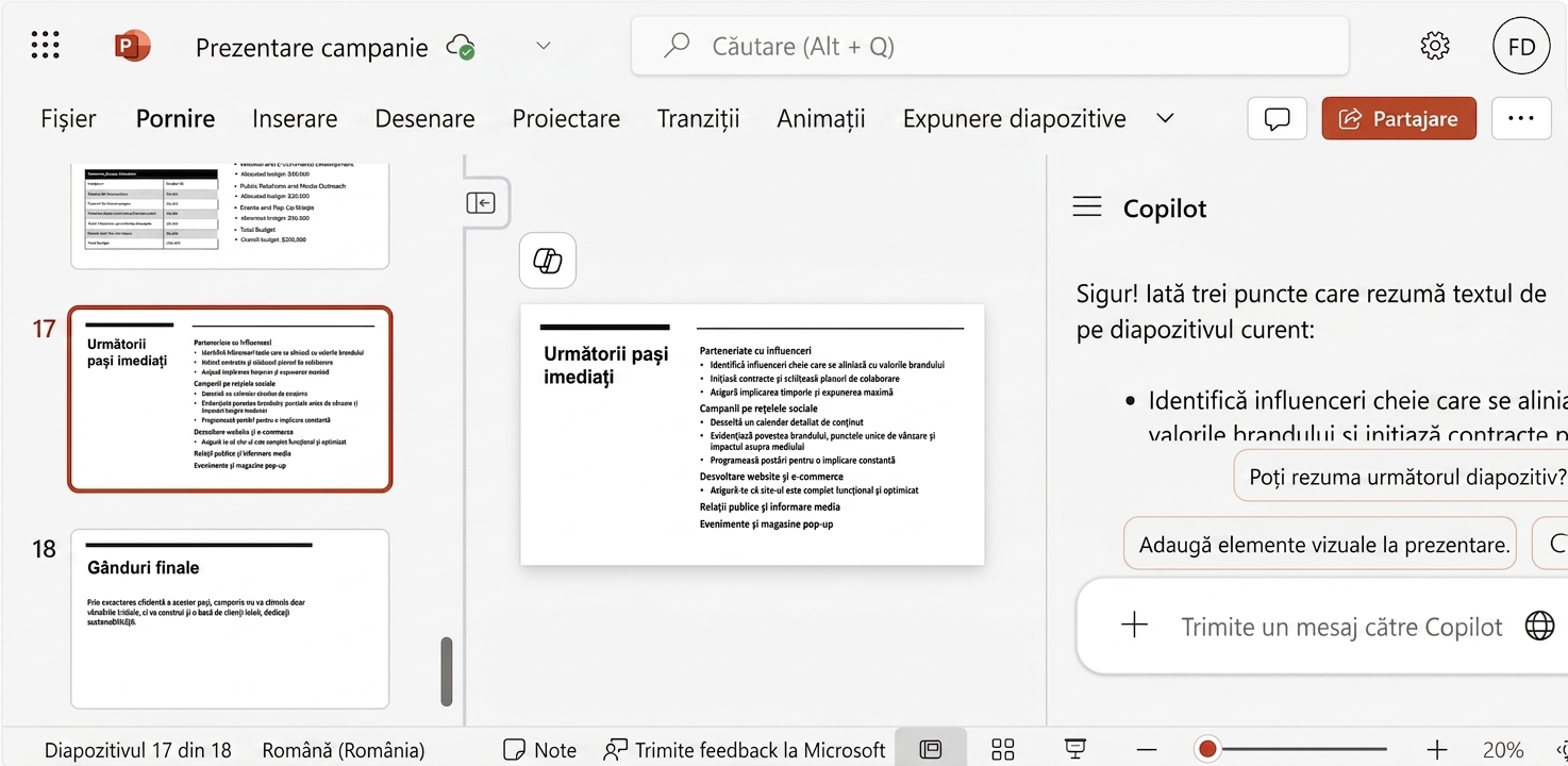 Captură de ecran a unui diapozitiv PowerPoint cu chat-ul Copilot deschis, afișând conversația cu un utilizator.
