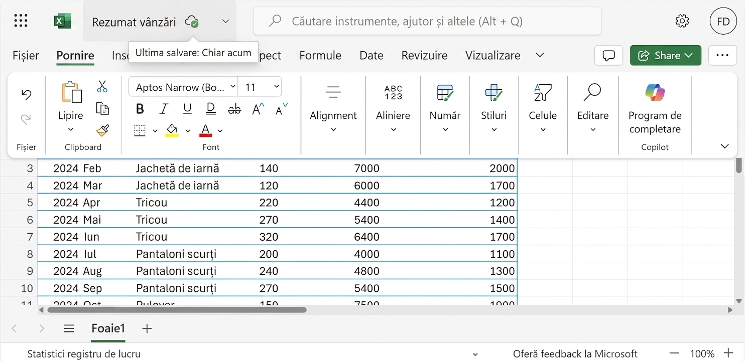 Captură de ecran a unui fișier Excel cu salvarea automată evidențiată.