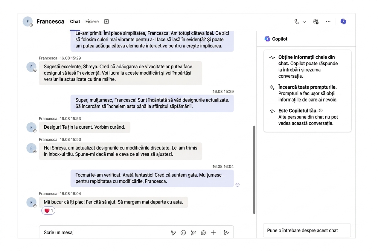 Captură de ecran Microsoft Teams cu chat-ul Copilot deschis și pictograma Copilot din stânga sus încercuită în roșu.