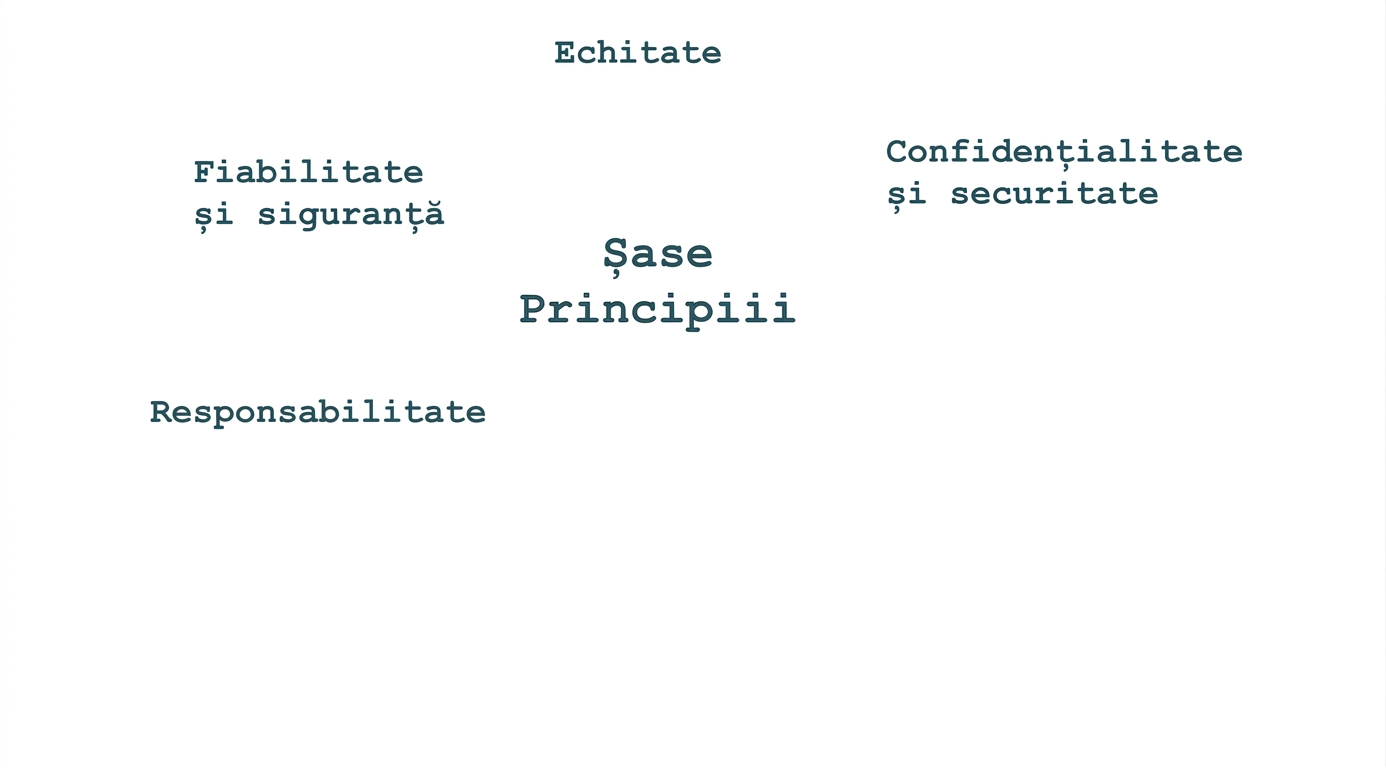 Text cu mesajul „șase principii", înconjurat de termenii corespunzători: corectitudine, confidențialitate și securitate, fiabilitate și siguranță, responsabilitate