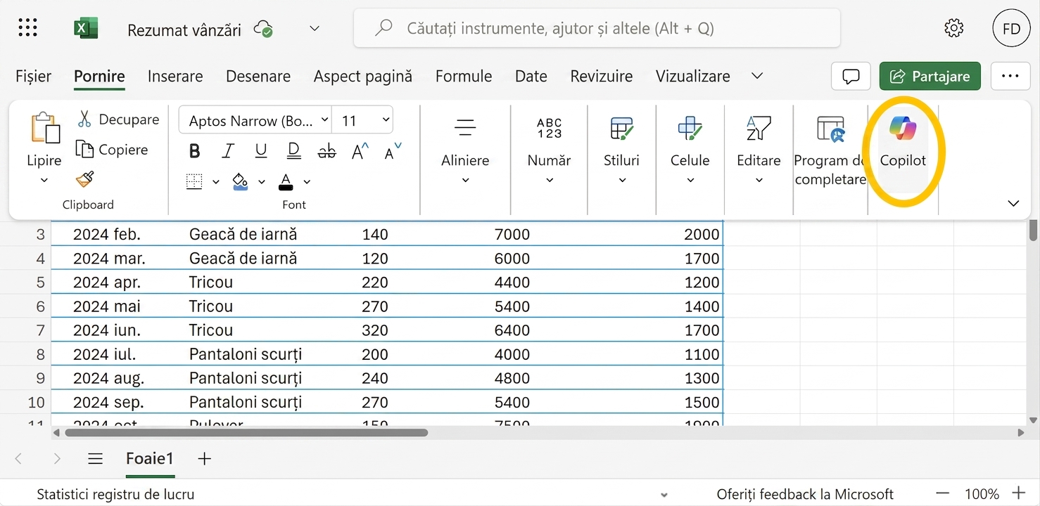 Captură de ecran a unui fișier Excel cu pictograma Copilot evidențiată.