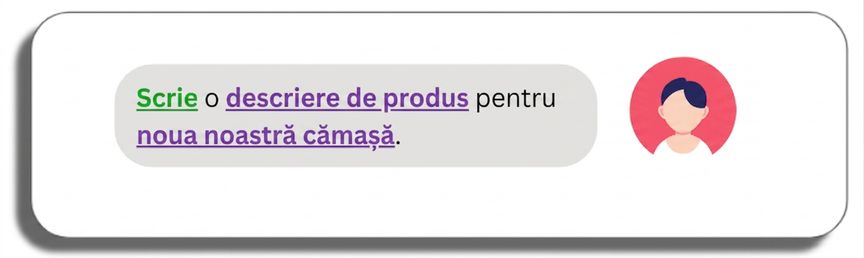 Prompt pentru descrierea unui tricou nou cu cuvintele „descriere produs", „nou", „scrieți" și „tricou" evidențiate