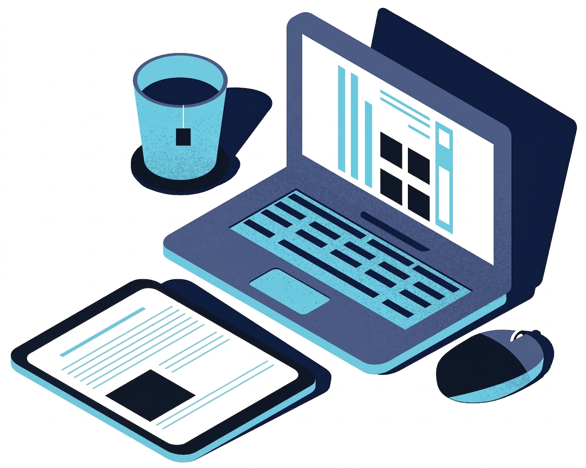 Imagine cu un laptop, mouse, tabletă și cafea, reprezentând timpul de studiu.