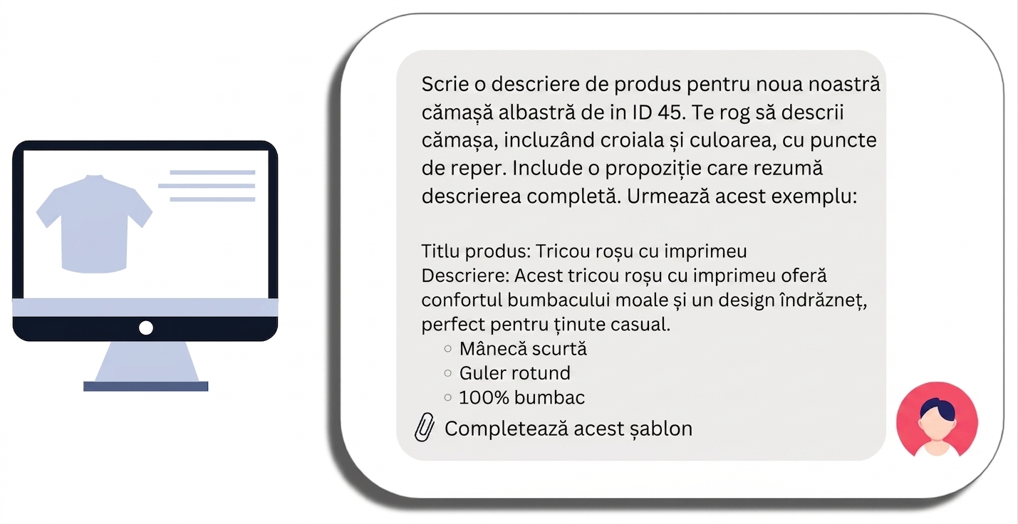 Prompt pentru descrierea unui tricou cu nume specific, cerințe detaliate, exemplu și șablon