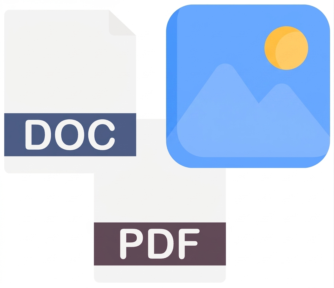 Pictograme pentru un document, PDF și imagine.