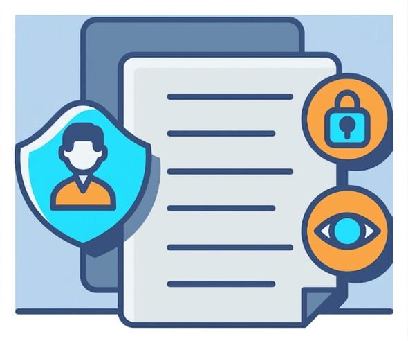 Ilustrație a unui document cu diverse simboluri de protecție, precum un lacăt și un ochi, pentru a indica confidențialitatea și securitatea