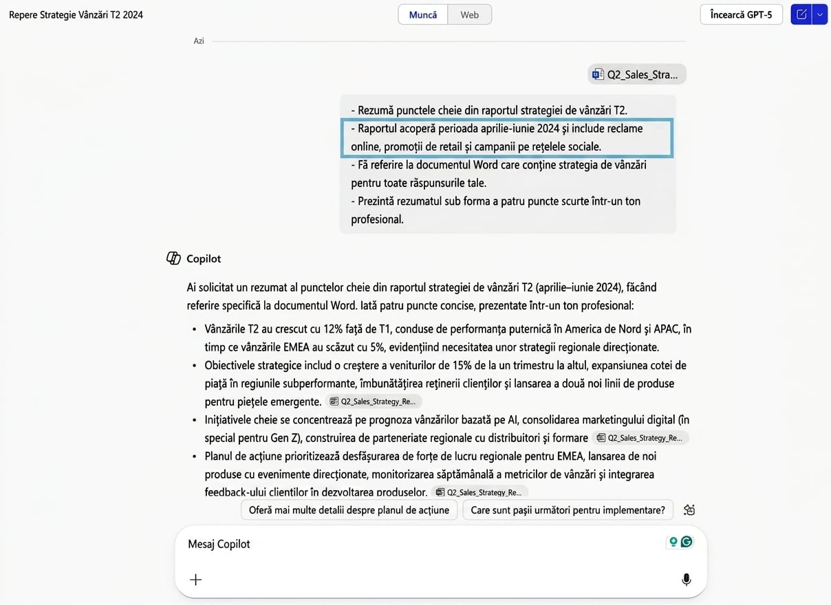 Captură de ecran cu Copilot rezumând un raport de vânzări, evidențiind instrucțiunea Context pentru a include diferite tipuri de campanii