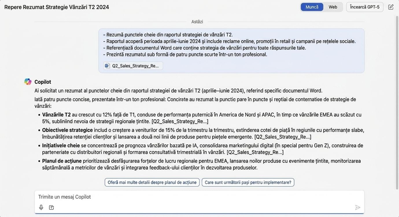 Captură de ecran cu Copilot rezumând un raport de vânzări, evidențiind instrucțiunea Source pentru a face referire la documentul Word