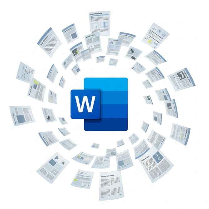 Logo Microsoft Word înconjurat de pagini de document plutitoare, simbolizând crearea și gestionarea conținutului în Word și PowerPoint
