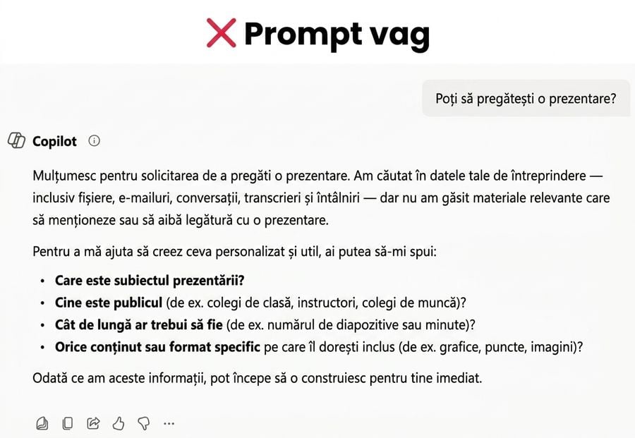 Captură de ecran cu prompturi specifice în Copilot
