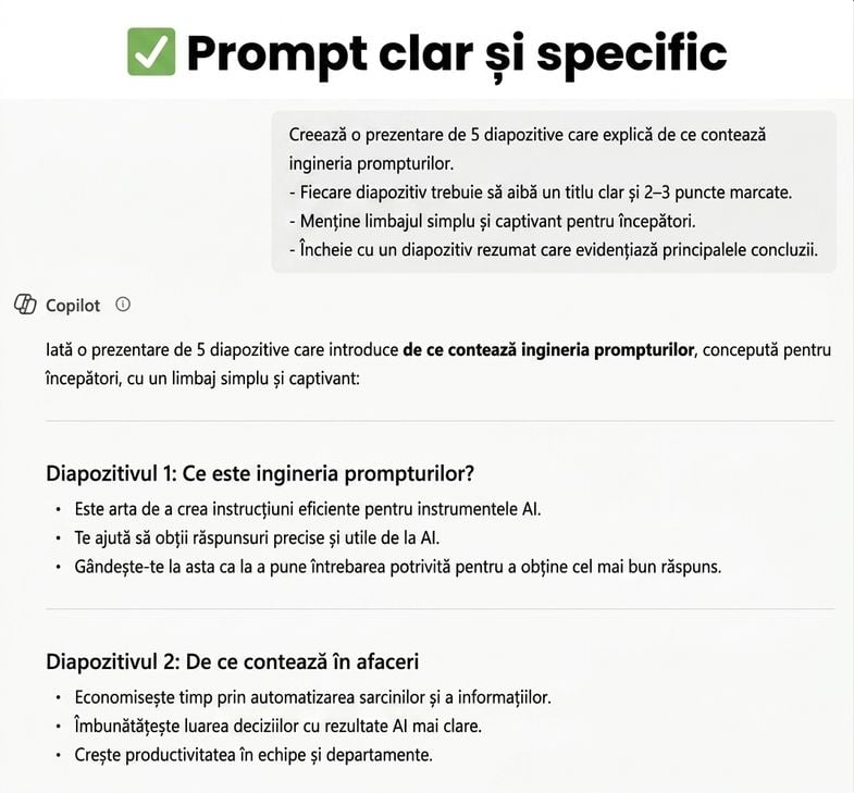 Captură de ecran cu un prompt specific în Copilot, ilustrând cum prompturile clare produc rezultate mai bune