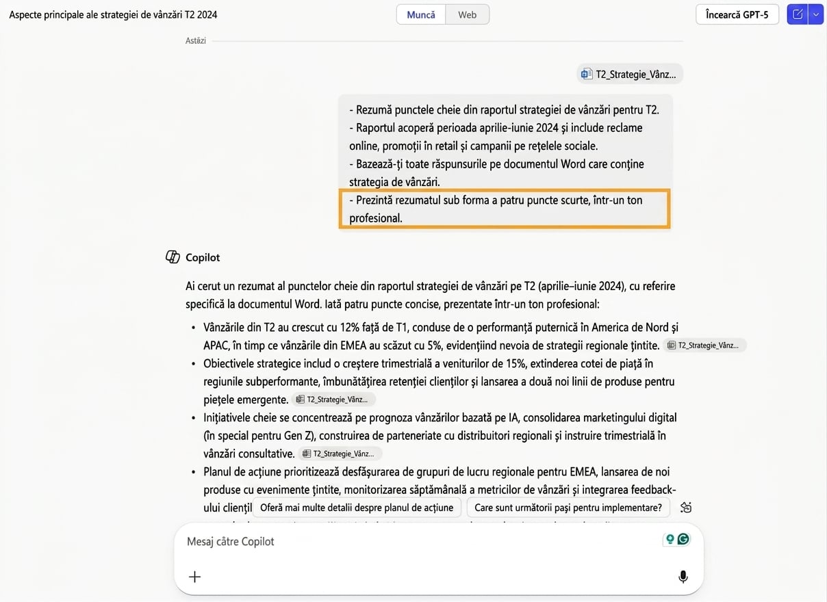 Captură de ecran cu Copilot rezumând un raport de vânzări, evidențiind instrucțiunea Expectation pentru a formata rezumatul ca listă cu marcatori