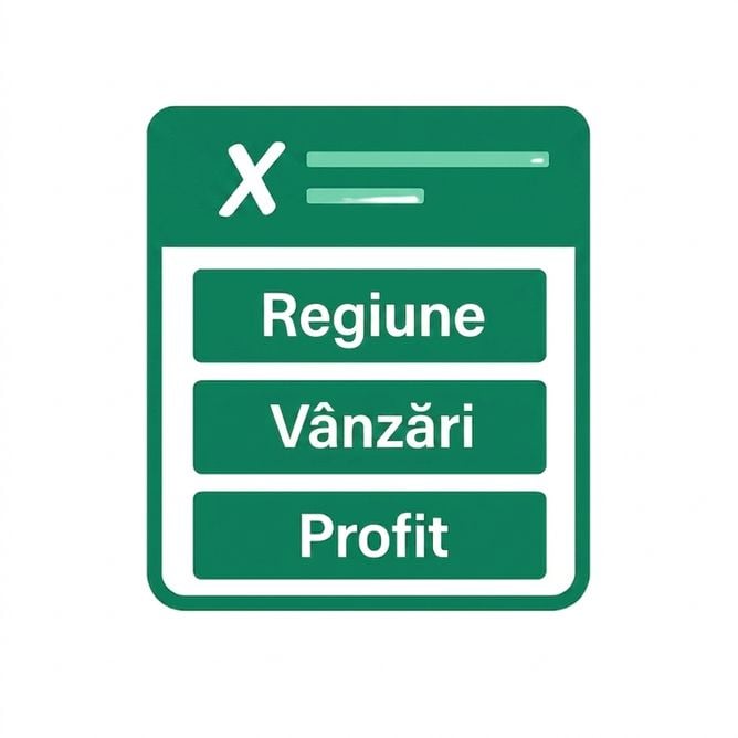 Ilustrație cu o foaie Excel verde ce arată coloane etichetate pentru Regiune, Vânzări și Profit, simbolizând organizarea clară a datelor