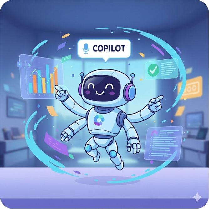 Ilustrație a unui robot zâmbitor etichetat „Copilot", înconjurat de grafice și pictograme, reprezentând crearea de asistenți AI personalizați care înțeleg datele companiei
