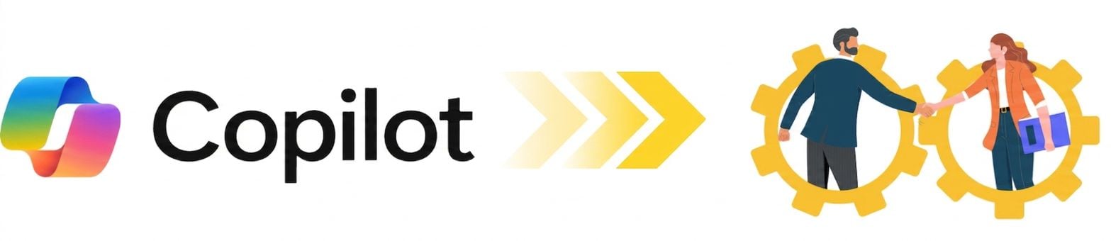 Imagine care arată logo-ul Microsoft Copilot conectat prin săgeți galbene la o ilustrație cu două persoane dându-și mâna în interiorul unor roți dințate