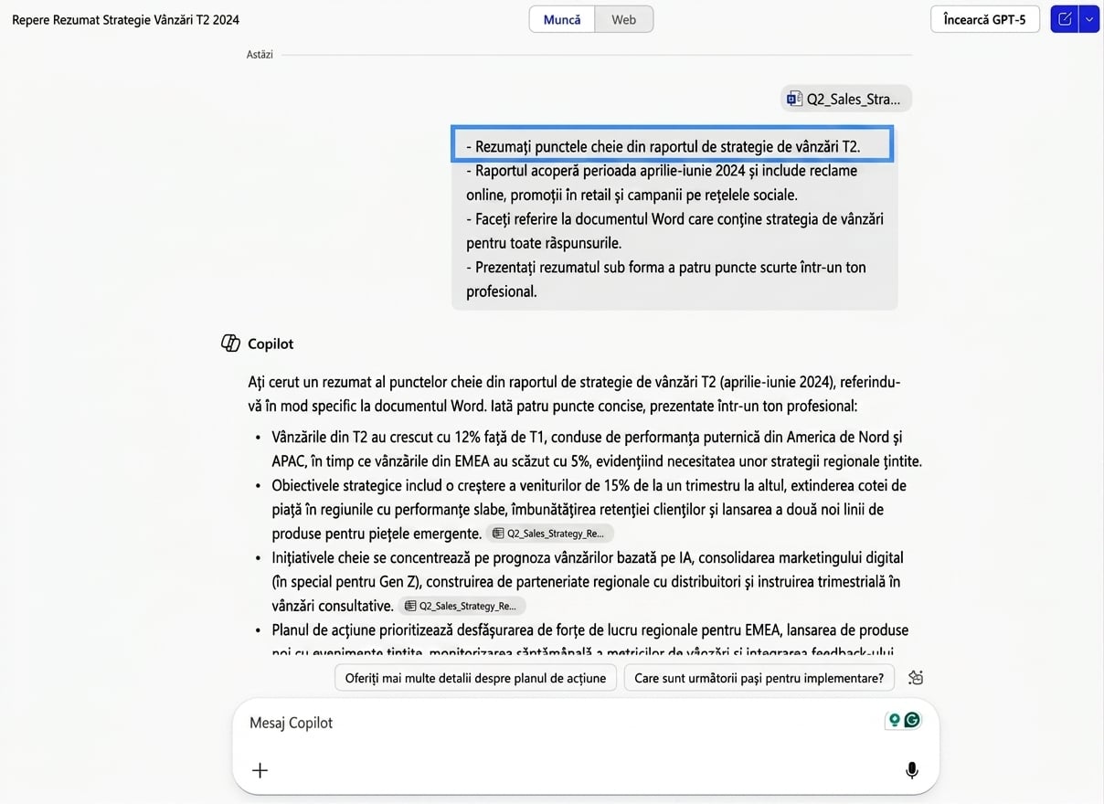 Captură de ecran cu Copilot rezumând un raport de strategie de vânzări, cu instrucțiunea Goal evidențiată cu albastru