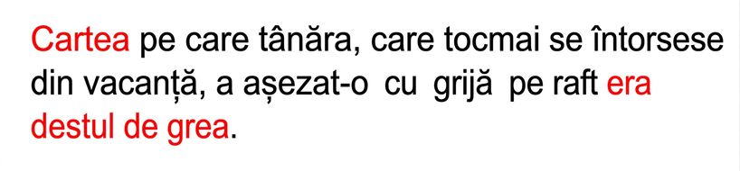 Exemplu de dependență la distanță lungă: „Cartea pe care fata tânără, care tocmai se întorsese din vacanță, a așezat-o cu grijă pe raft era destul de grea."