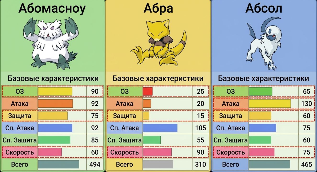 alt="Покемоны Abomasnow, Abra и Absol с соответствующими показателями HP, Attack, Defense и Speed"