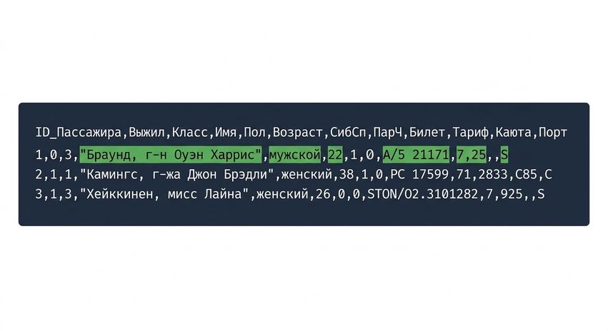 titanic.csv с выделенной строкой