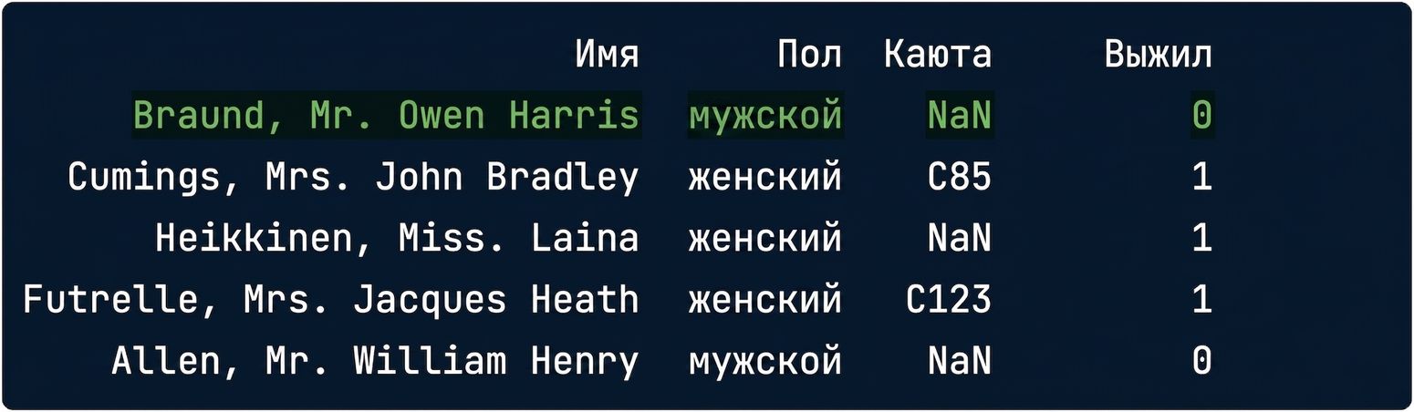 titanic.csv с выделенной строкой