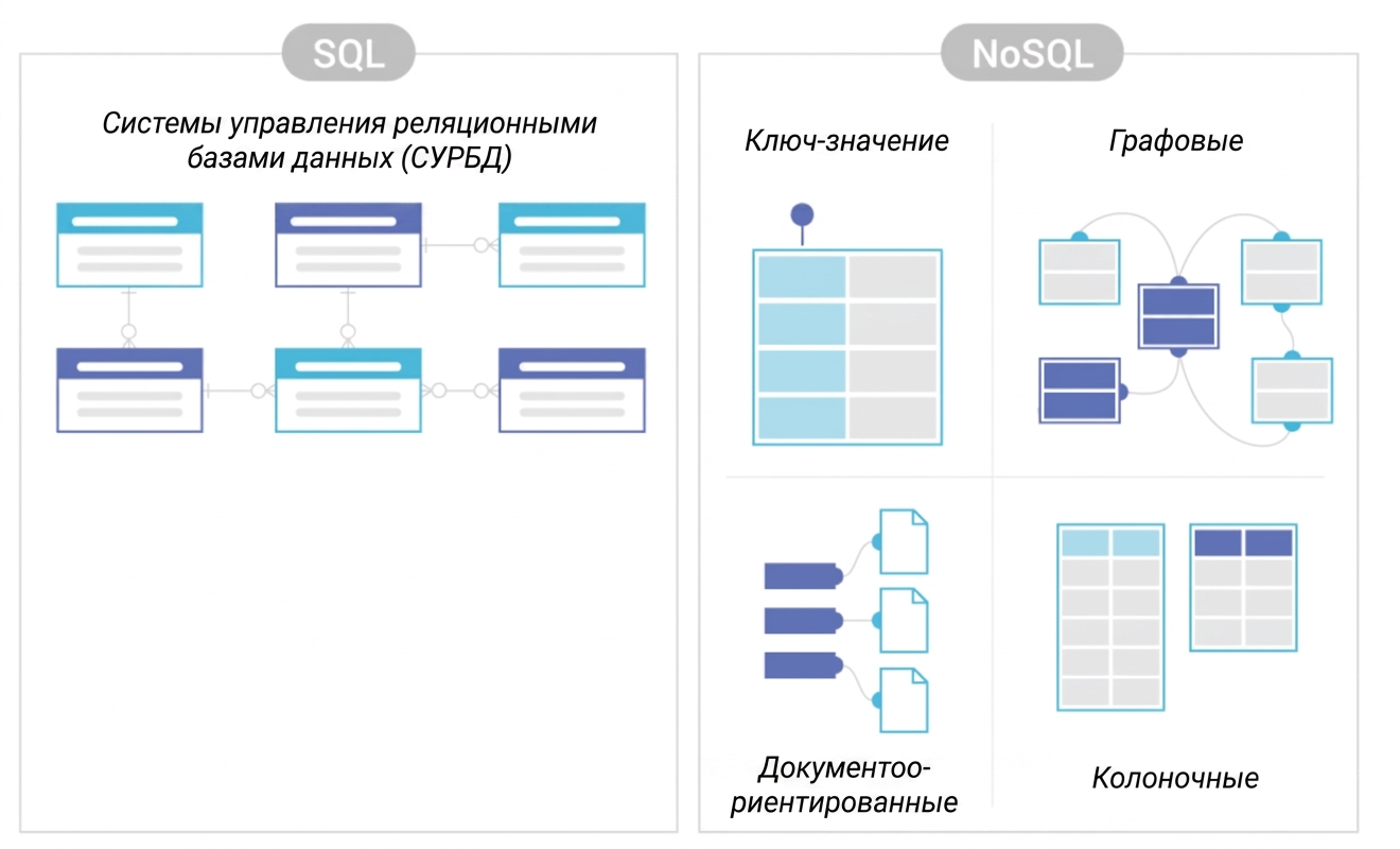 Схема сравнения хранения данных в SQL и NoSQL СУБД.