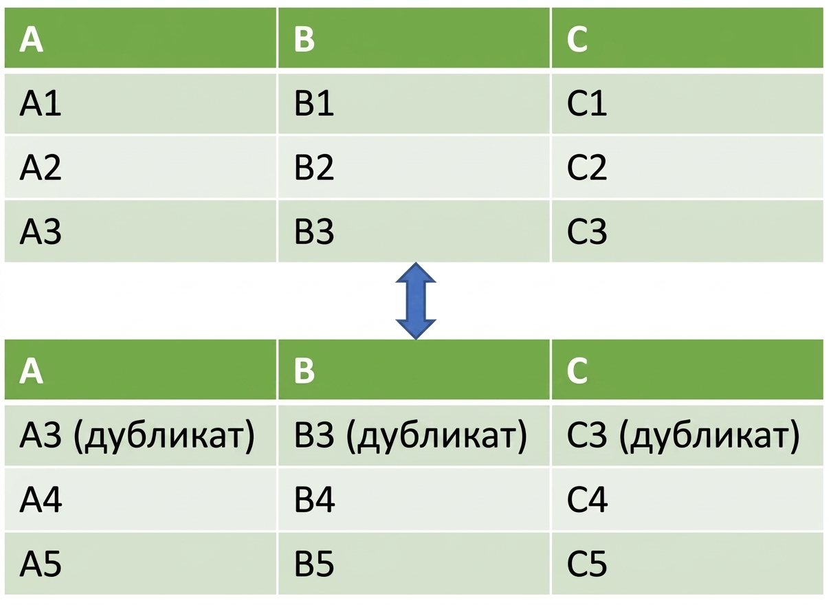 Два DataFrame, объединённых вертикально, с дублирующейся строкой во втором DataFrame
