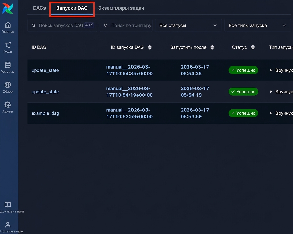 Страница запусков DAG в Airflow со списком последних запусков по всем DAG