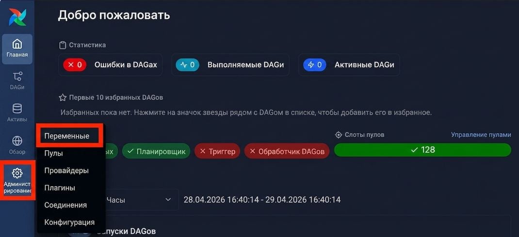 UI Airflow с открытым меню Admin и выбранным пунктом Variables