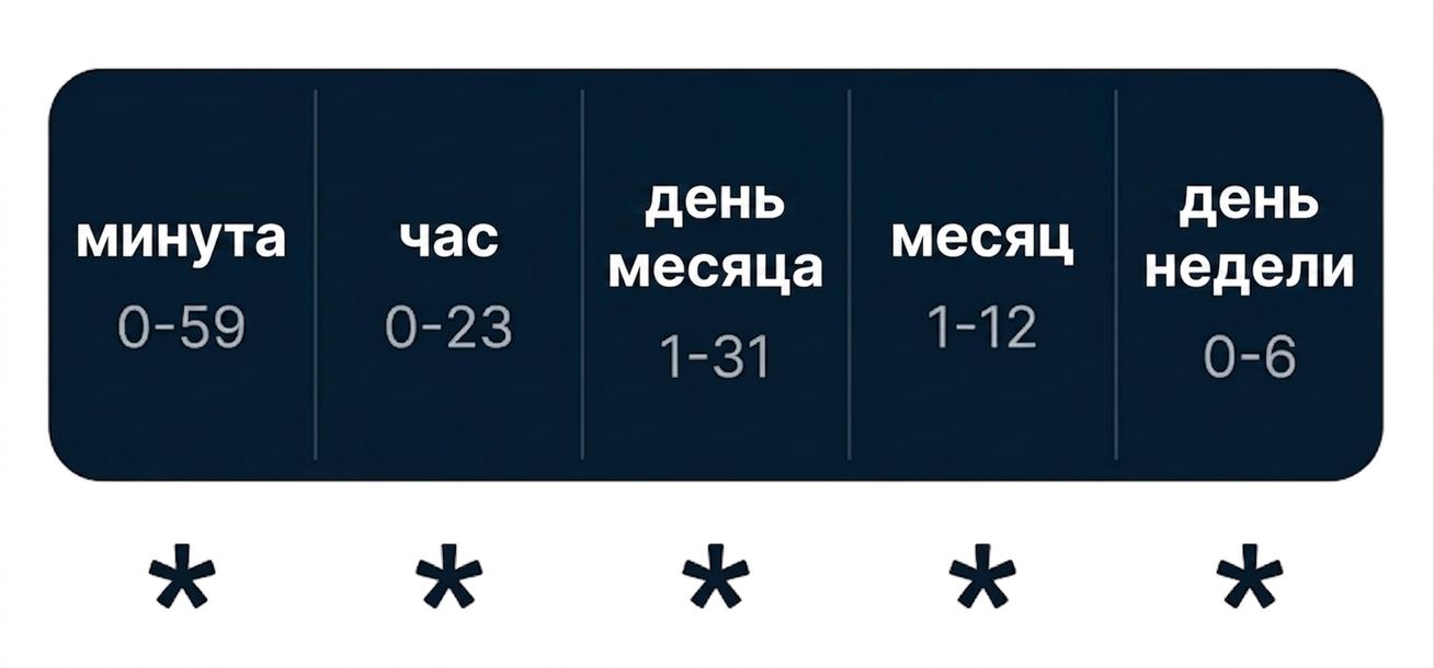 Схема синтаксиса cron с пятью полями времени, разделёнными пробелами