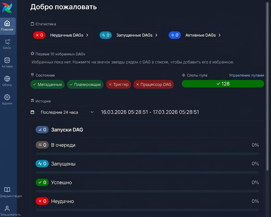 Главная панель веб-интерфейса Airflow с левым навигационным меню