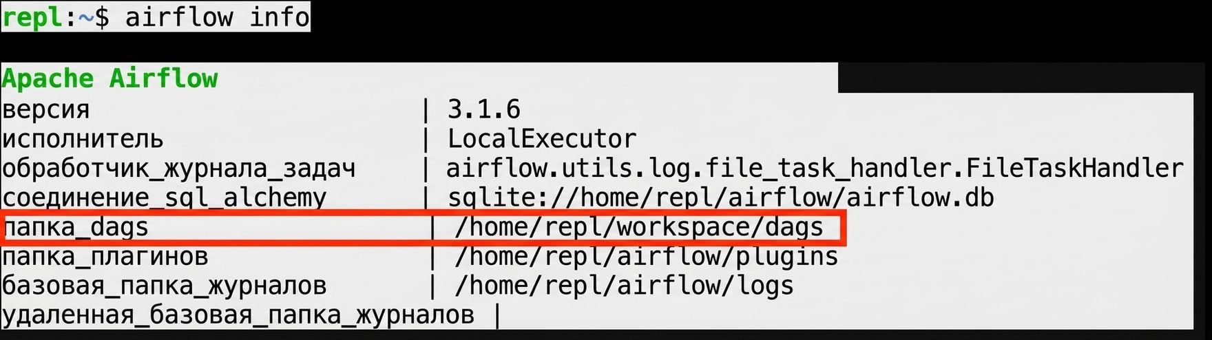 Вывод команды airflow info в терминале с выделенным путём к папке dags_folder