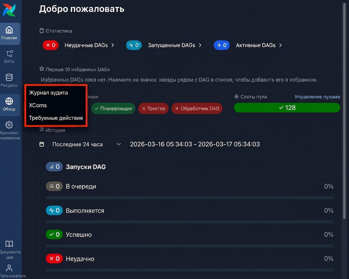 Интерфейс Airflow с открытым меню Browse и опцией журнала аудита