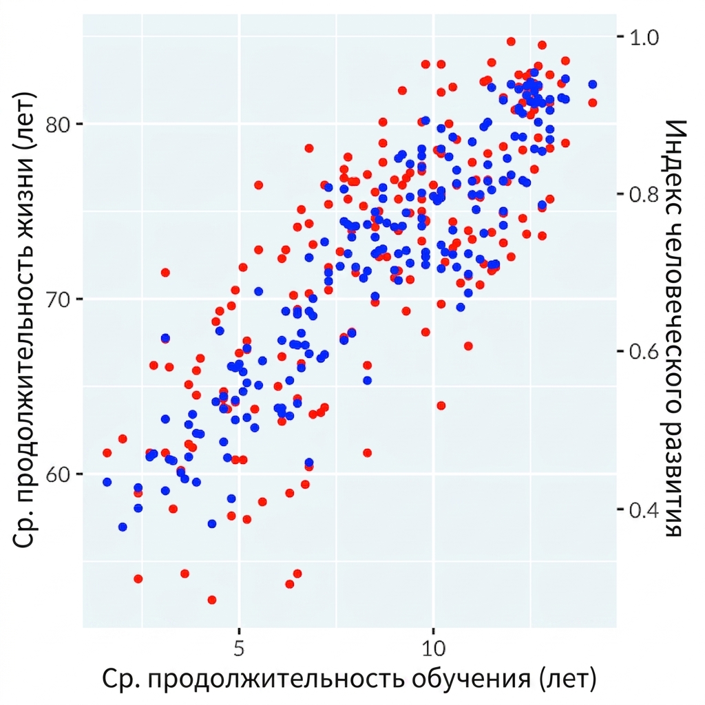 Диаграмма рассеяния зависимости продолжительности обучения с двойными осями: ожидаемая продолжительность жизни и индекс человеческого развития