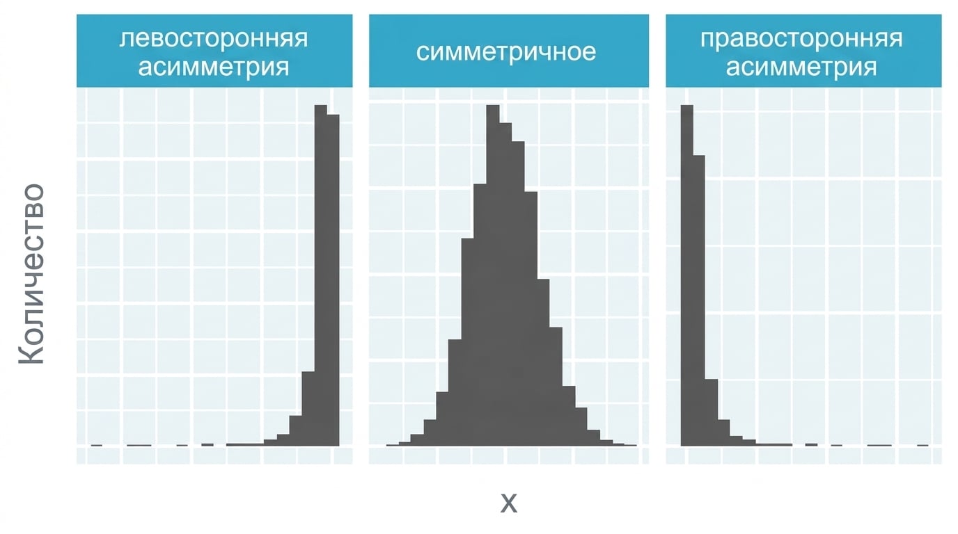 Гистограммы левостороннего, симметричного и правостороннего распределений.