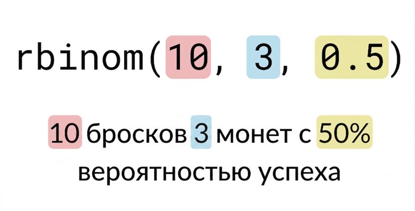 rbinom(10, 3, 0.5): 10 выделено красным, 3 синим, 0.5 жёлтым. Текст: 10 (красным) подбрасываний 3 (синим) монет с вероятностью успеха 50% (жёлтым)