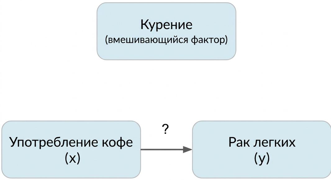 Потребление кофе (x) указывает на рак лёгких (y), курение (смешивающий фактор) — сверху