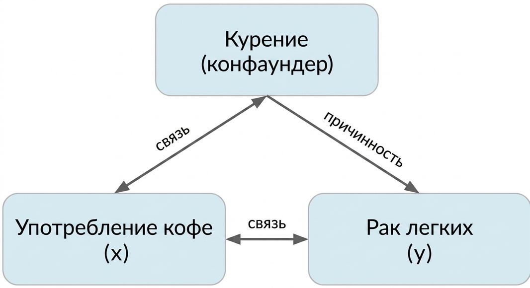 Потребление кофе (x) с двойной стрелкой к раку лёгких (y) с подписью «ассоциация». Двойная стрелка между курением и потреблением кофе с подписью «ассоциация». Стрелка от курения к раку лёгких с подписью «причинность».