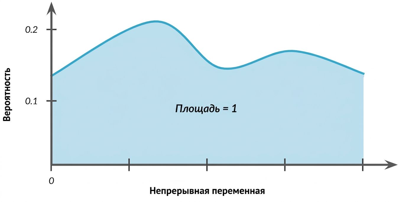Выделенная область под кривой с подписью: площадь = 1