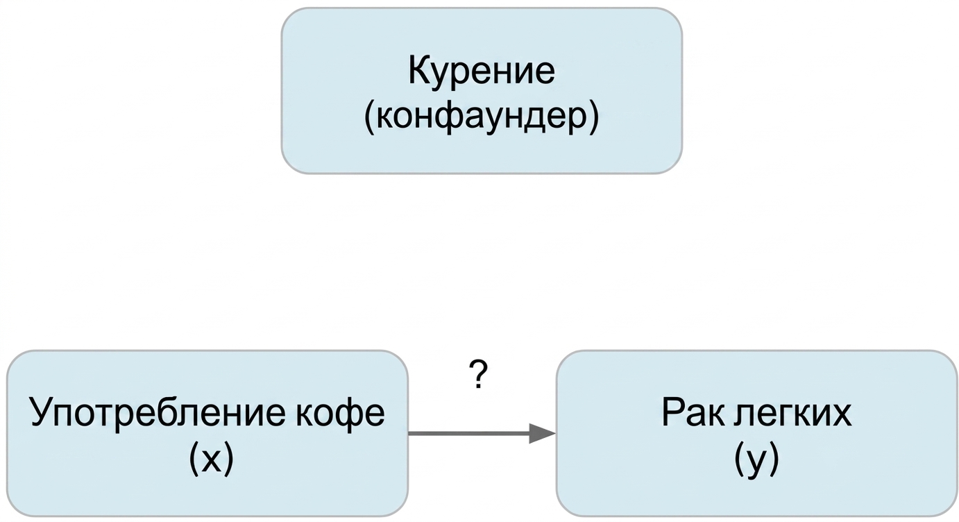 Употребление кофе (x) со стрелкой к раку лёгких (y); курение (смешивающий фактор) — сверху