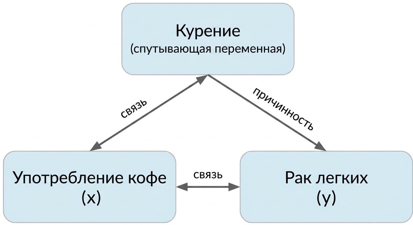 Употребление кофе (x) с двойной стрелкой к раку лёгких (y) с подписью «ассоциация». Двойная стрелка между курением и кофе с подписью «ассоциация». Стрелка от курения к раку лёгких с подписью «причинно-следственная связь».