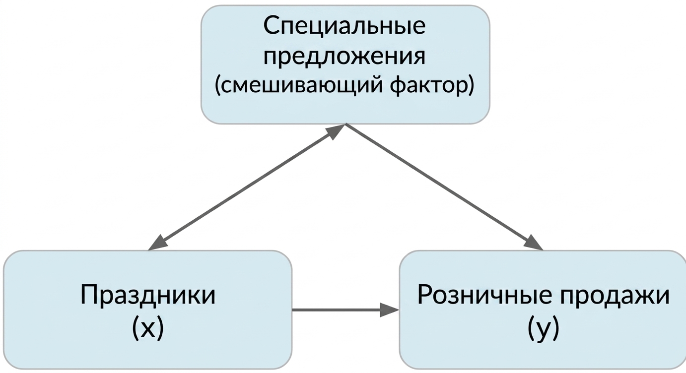 Праздники (x) со стрелкой к розничным продажам (y). Специальные акции (смешивающий фактор) с двойной стрелкой к праздникам и одинарной стрелкой к розничным продажам.