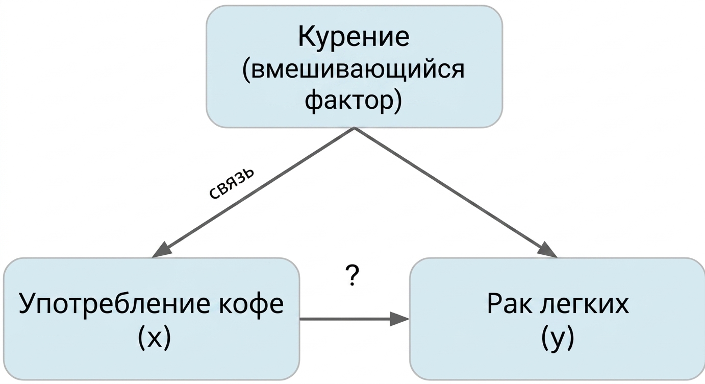 Употребление кофе (x) со стрелкой к раку лёгких (y) и курением (смешивающий фактор). Двойная стрелка между курением и кофе с подписью «ассоциация».