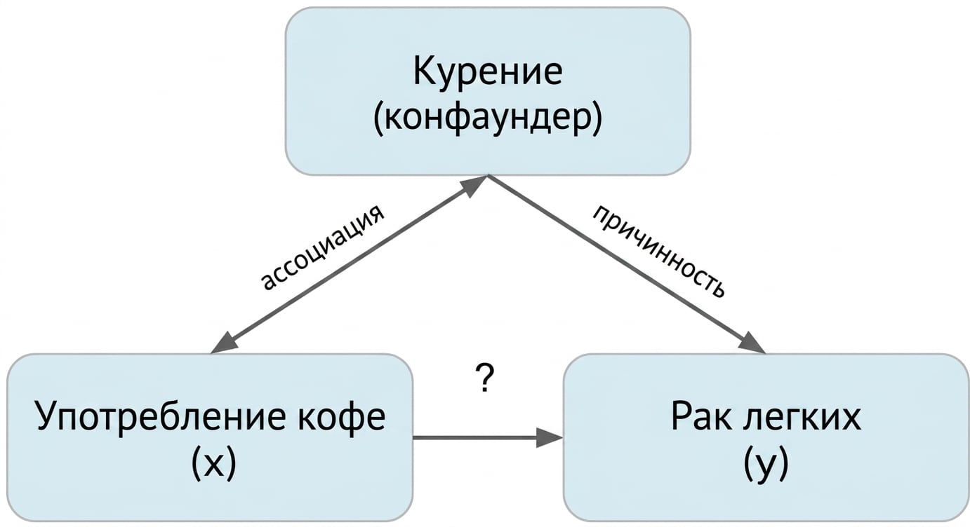 Употребление кофе (x) со стрелкой к раку лёгких (y) и курением (смешивающий фактор). Двойная стрелка между курением и кофе с подписью «ассоциация». Стрелка от курения к раку лёгких с подписью «причинно-следственная связь»
