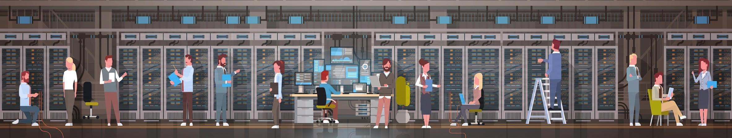 Люди работают в центре обработки данных