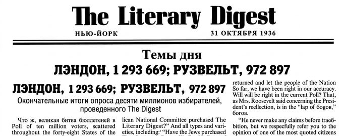 Первая полоса журнала Literary Digest 1936 года с прогнозом выборов: Лэндону предсказывали 1,3 млн голосов, Рузвельту — чуть менее 1 млн.