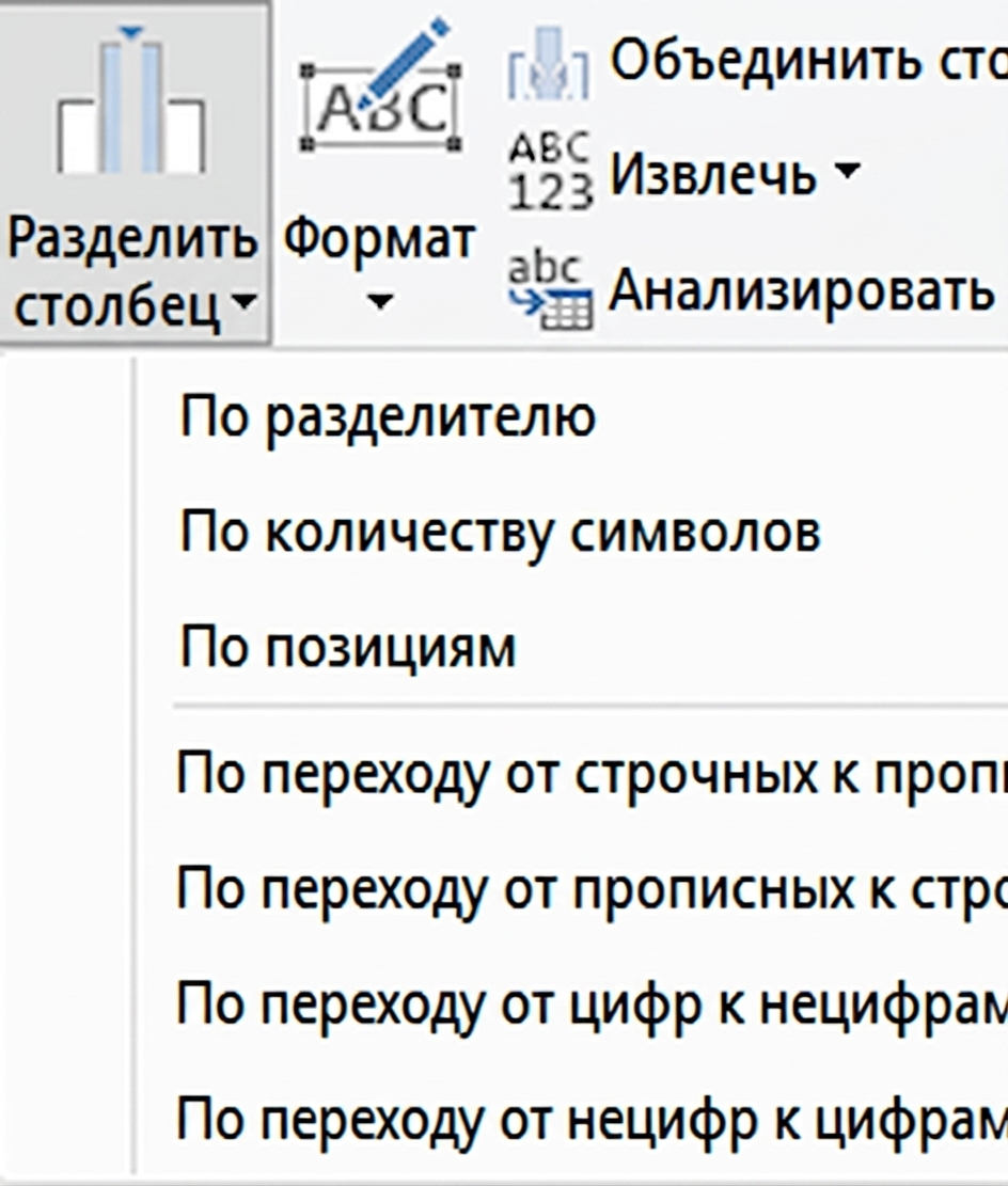 Снимок экрана Power Query с преобразованием «Разделить столбец» и его параметрами